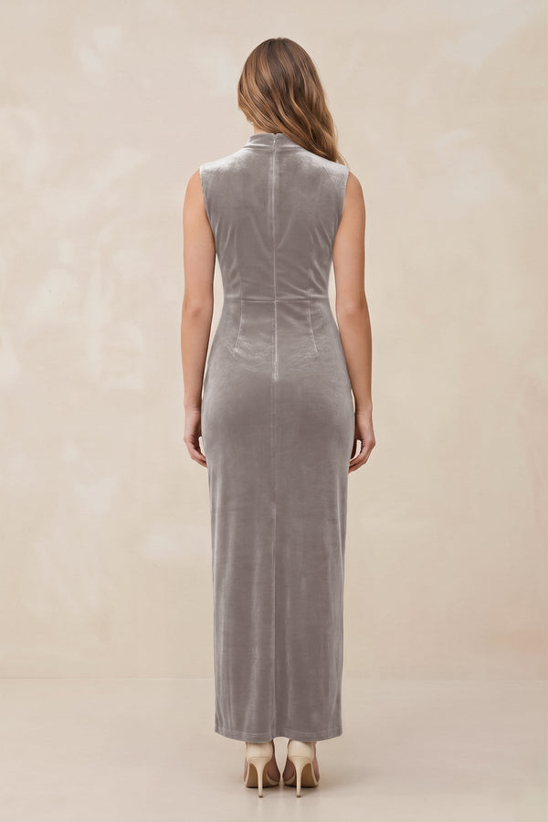 High Neck Sheath Velvet Bridesmaid Dress With Slit in Silver - KissProm Bridesmaid Dresses