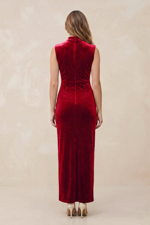 High Neck Sheath Velvet Bridesmaid Dress With Slit in Spice - KissProm Bridesmaid Dresses