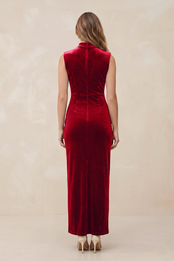 High Neck Sheath Velvet Bridesmaid Dress With Slit in Spice - KissProm Bridesmaid Dresses