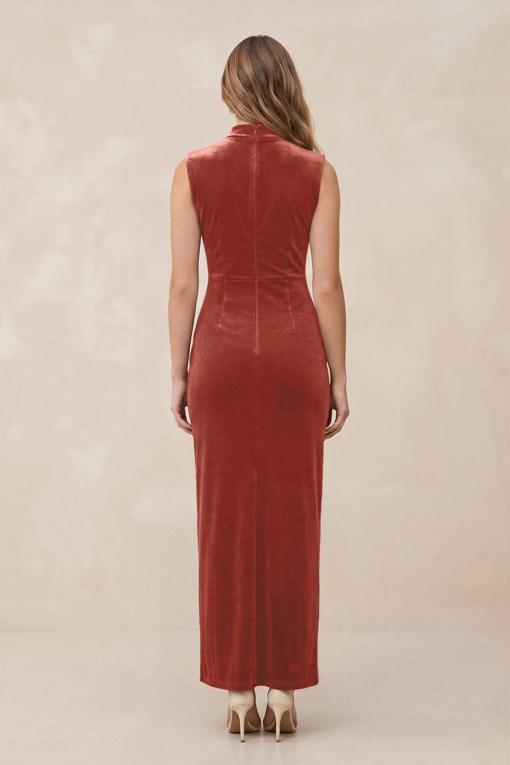High Neck Sheath Velvet Bridesmaid Dress With Slit in Terracotta - KissProm Bridesmaid Dresses