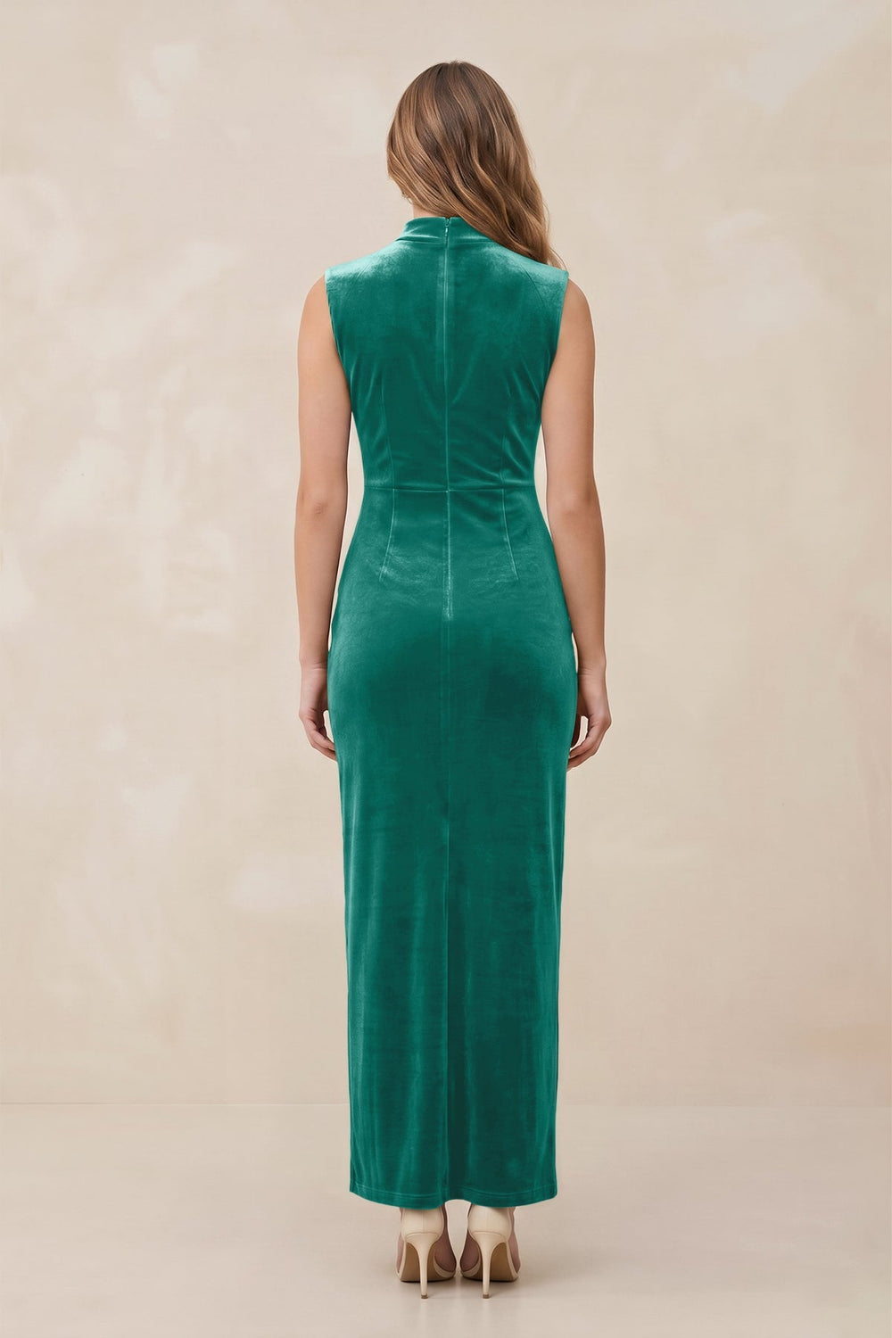 High Neck Sheath Velvet Bridesmaid Dress With Slit in Turquoise - KissProm Bridesmaid Dresses