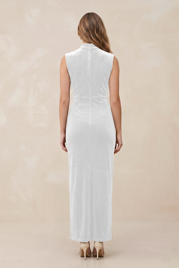 High Neck Sheath Velvet Bridesmaid Dress With Slit in White - KissProm Bridesmaid Dresses