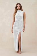 High Neck Sheath Velvet Bridesmaid Dress With Slit in White - KissProm Bridesmaid Dresses