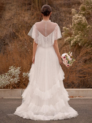 High Split A-Line See-through Short Sleeves Ruffle Tulle Wedding Dresses
