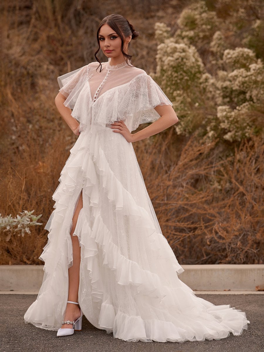 High Split A-Line See-Through Short Sleeves Ruffle Tulle Wedding Dresses Diamond White / 22