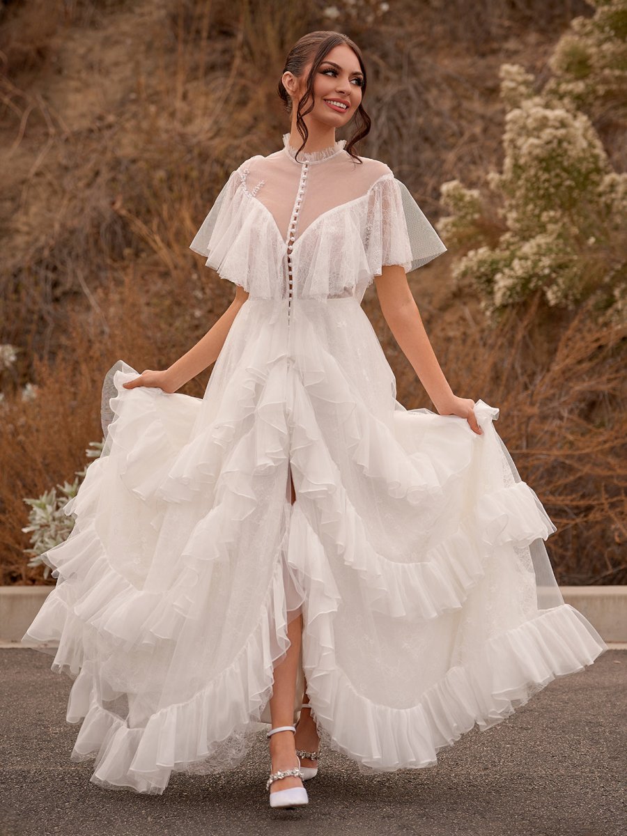 High Split A-Line See-through Short Sleeves Ruffle Tulle Wedding Dress High Split A-Line See-through Short Sleeves Ruffle Tulle Wedding Dress