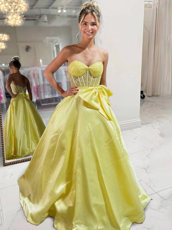 Hindreen | A - Line Sweetheart Lilac Beaded Long Prom Dresses With Bow - KissProm