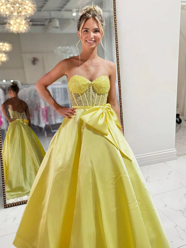 Hindreen | A - Line Sweetheart Lilac Beaded Long Prom Dresses With Bow - KissProm