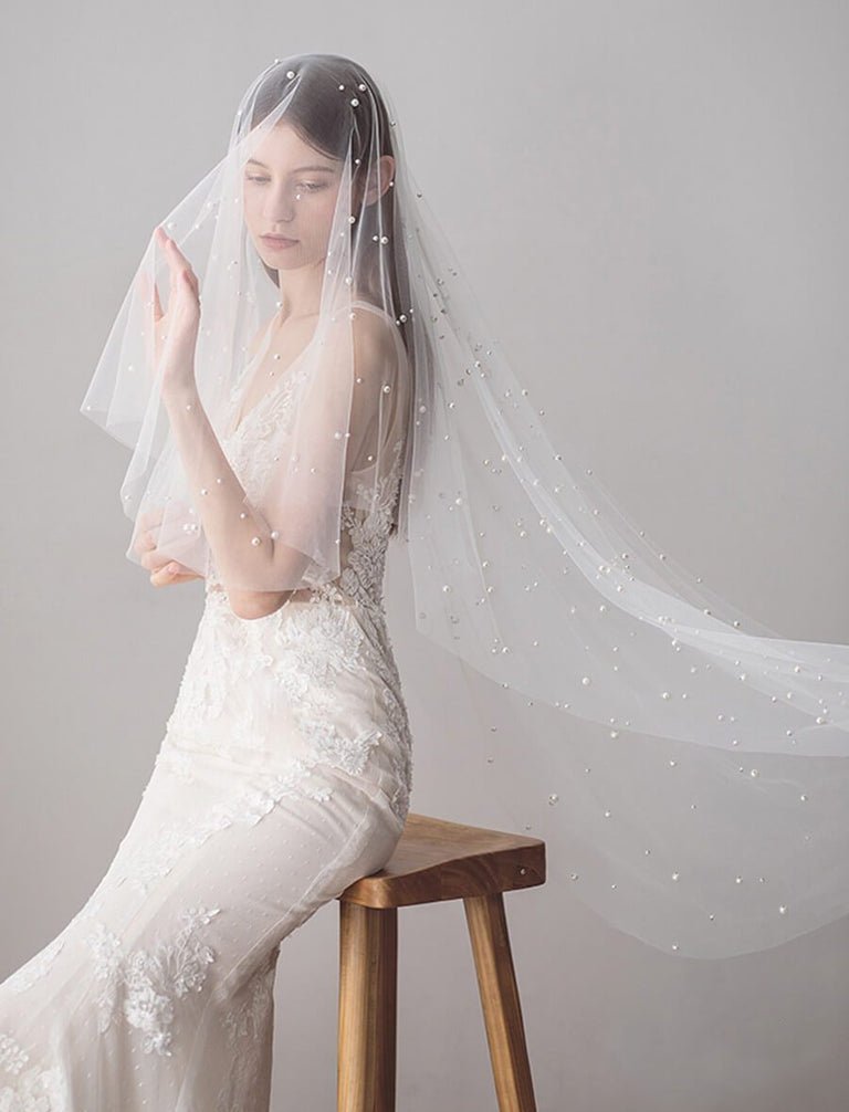 Hip Length Ivory Tulle Wedding Veils with Pearl Drop Veil - KissProm