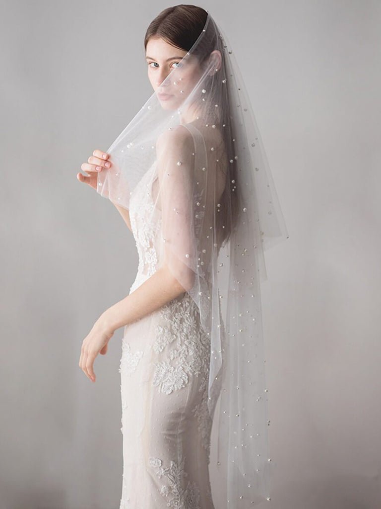 Hip Length Ivory Tulle Wedding Veils with Pearl Drop Veil - KissProm