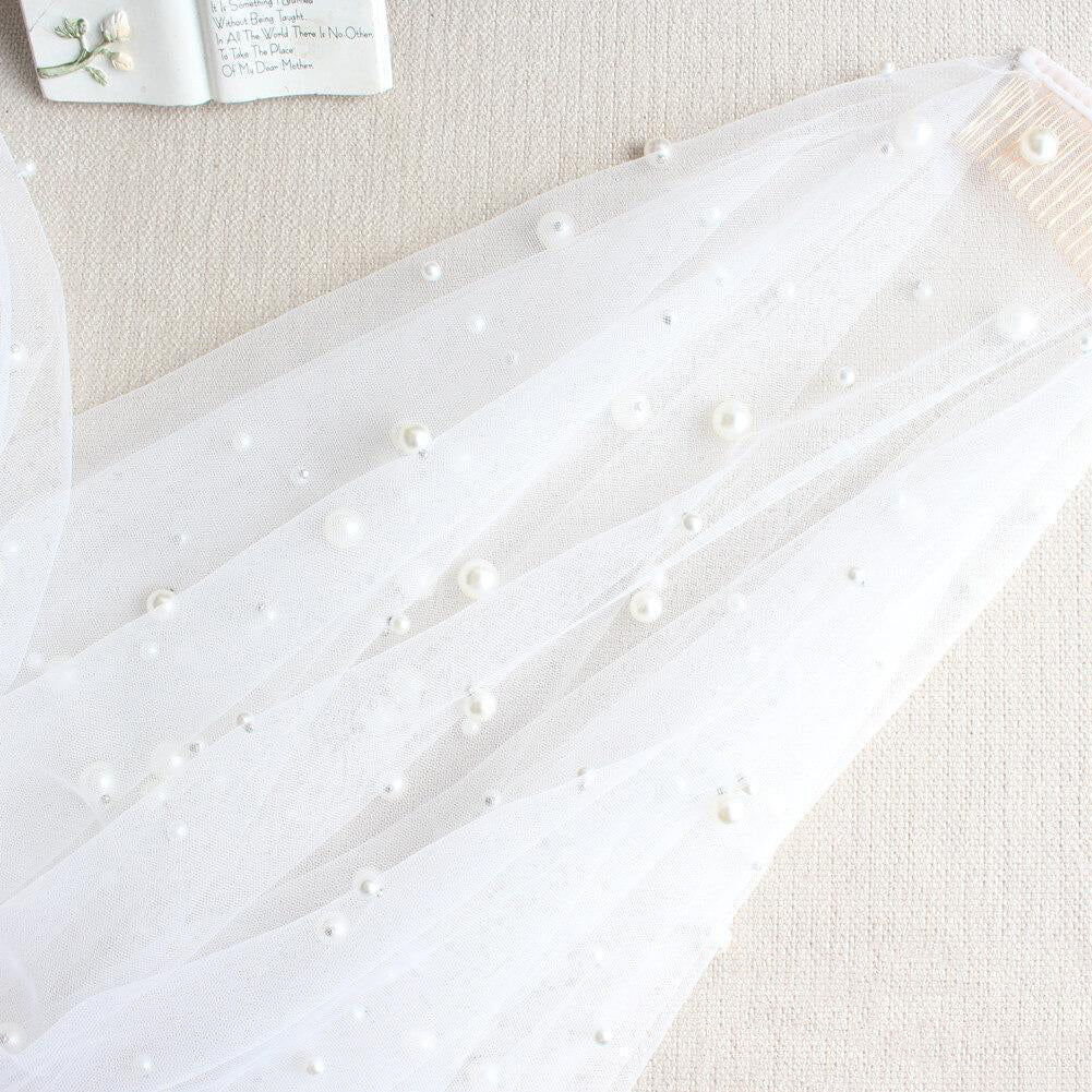 Hip Length Ivory Tulle Wedding Veils with Pearl Drop Veil - KissProm