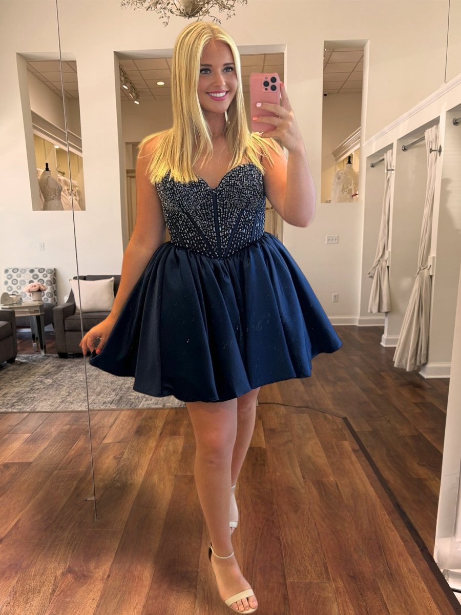 Navy Blue - Strapless Satin A Line Short Homecoming Dresses with Beading Navy Blue / 18 Navy Blue - Strapless Satin A Line Short Homecoming Dresses with Beading Navy Blue / 18