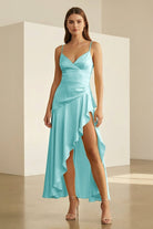 Cyndal | Aqua - Spaghetti Straps Sheath Satin High Low Prom Dresses With Ruffles - KissProm