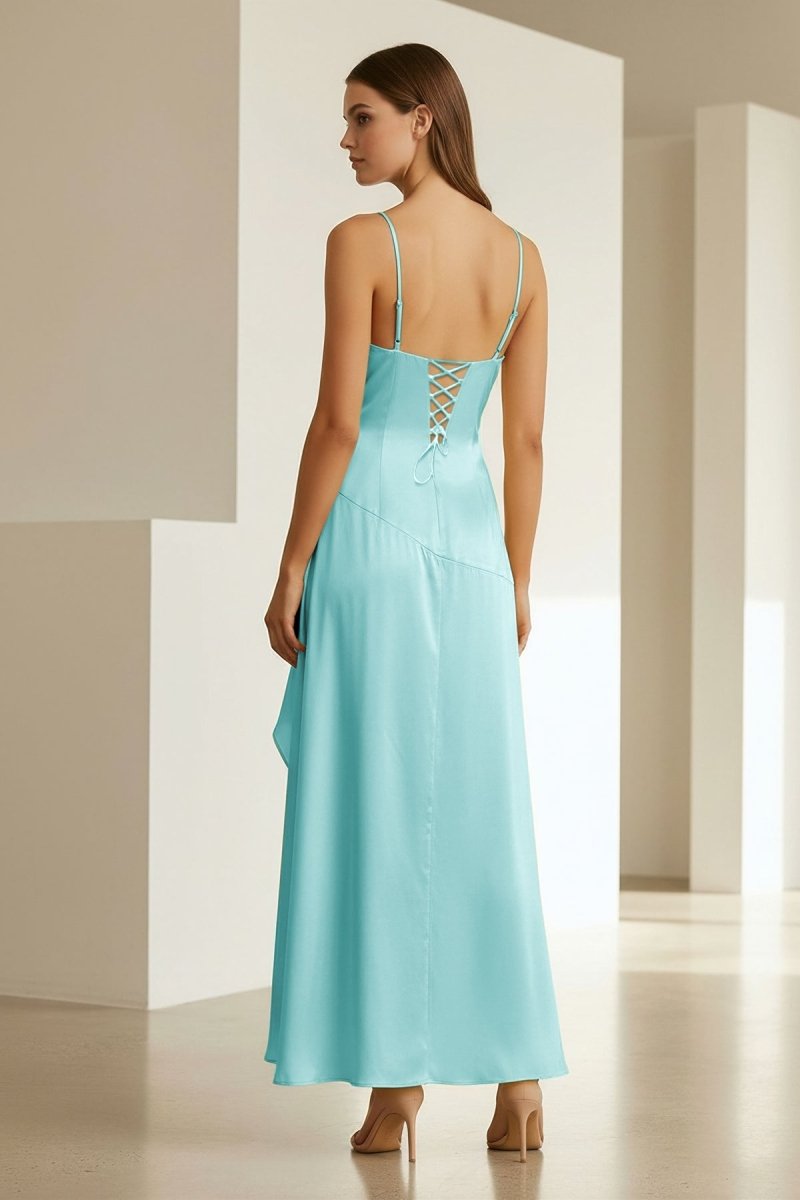 Cyndal | Aqua - Spaghetti Straps Sheath Satin High Low Prom Dresses With Ruffles - KissProm