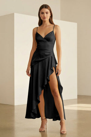 Cyndal | Black - Spaghetti Straps Sheath Satin High Low Prom Dresses With Ruffles - KissProm