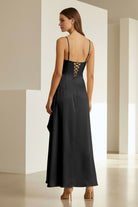 Cyndal | Black - Spaghetti Straps Sheath Satin High Low Prom Dresses With Ruffles - KissProm