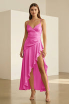 Cyndal | Fuchsia - Spaghetti Straps Sheath Satin High Low Prom Dresses With Ruffles - KissProm