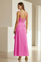 Cyndal | Fuchsia - Spaghetti Straps Sheath Satin High Low Prom Dresses With Ruffles - KissProm