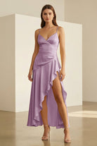 Cyndal | Lavender - Spaghetti Straps Sheath Satin High Low Prom Dresses With Ruffles - KissProm