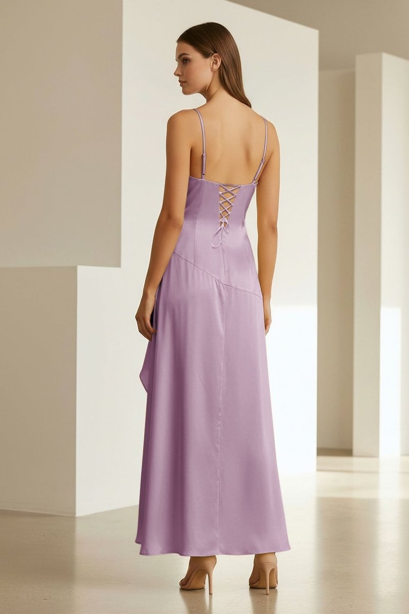Cyndal | Lavender - Spaghetti Straps Sheath Satin High Low Prom Dresses With Ruffles - KissProm