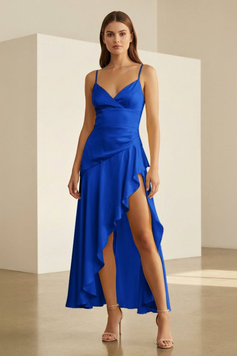 Cyndal | Royal Blue - Spaghetti Straps Sheath Satin High Low Prom Dresses With Ruffles - KissProm