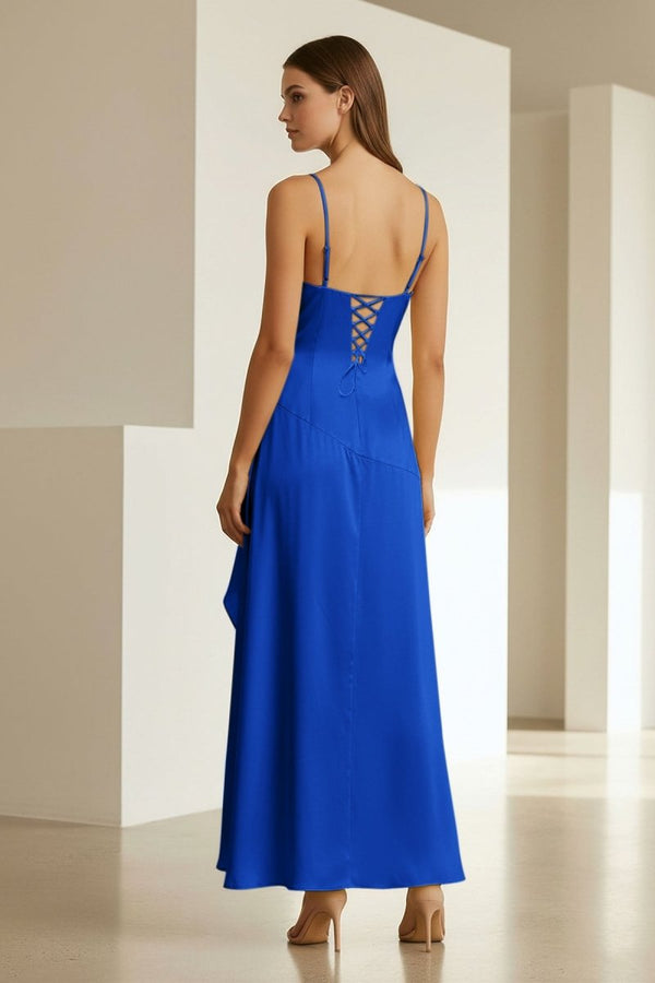 Cyndal | Royal Blue - Spaghetti Straps Sheath Satin High Low Prom Dresses With Ruffles - KissProm