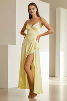 Cyndal | Yellow - Spaghetti Straps Sheath Satin High Low Prom Dresses With Ruffles - KissProm