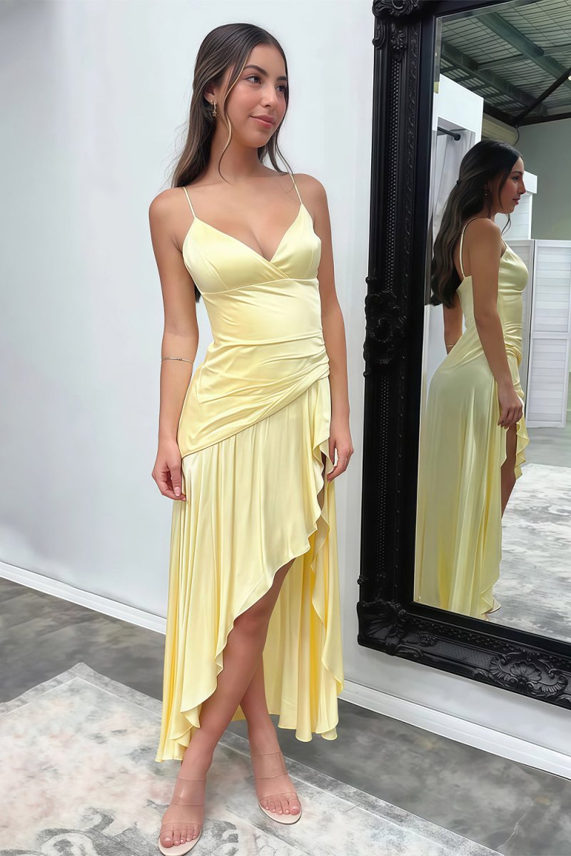 Cyndal | Yellow - Spaghetti Straps Sheath Satin High Low Prom Dresses With Ruffles - KissProm
