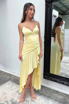 Cyndal | Yellow - Spaghetti Straps Sheath Satin High Low Prom Dresses With Ruffles - KissProm