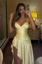 Cyndal | Yellow - Spaghetti Straps Sheath Satin High Low Prom Dresses With Ruffles - KissProm