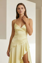 Cyndal | Yellow - Spaghetti Straps Sheath Satin High Low Prom Dresses With Ruffles - KissProm