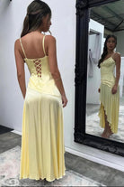 Cyndal | Yellow - Spaghetti Straps Sheath Satin High Low Prom Dresses With Ruffles - KissProm