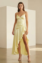 Cyndal | Yellow - Spaghetti Straps Sheath Satin High Low Prom Dresses With Ruffles - KissProm