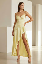 Cyndal | Yellow - Spaghetti Straps Sheath Satin High Low Prom Dresses With Ruffles - KissProm