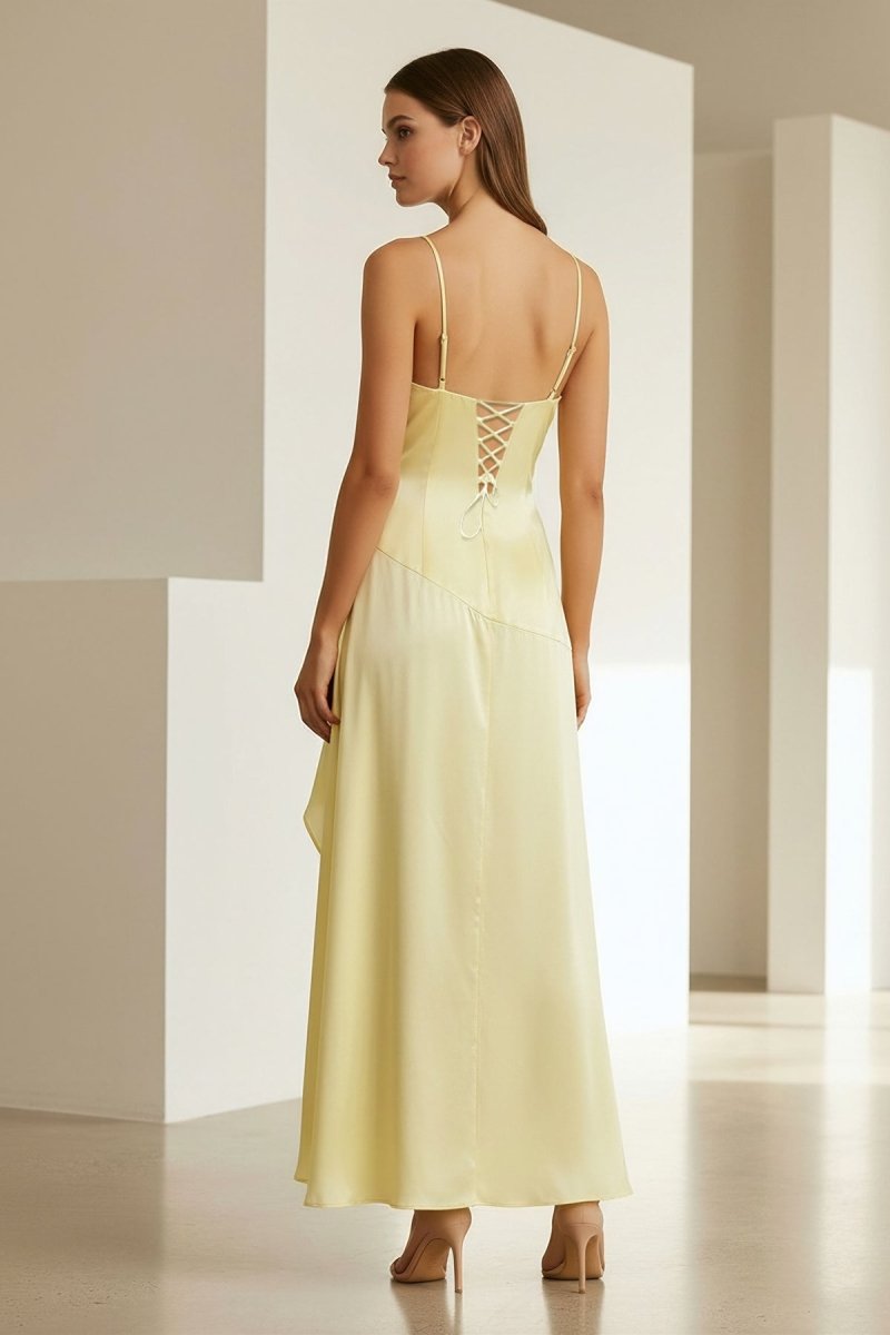 Cyndal | Yellow - Spaghetti Straps Sheath Satin High Low Prom Dresses With Ruffles - KissProm