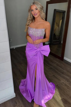 Homer | Purple Split Strapless Mermaid Corset Prom Dresses with Side Bowknot -KissProm