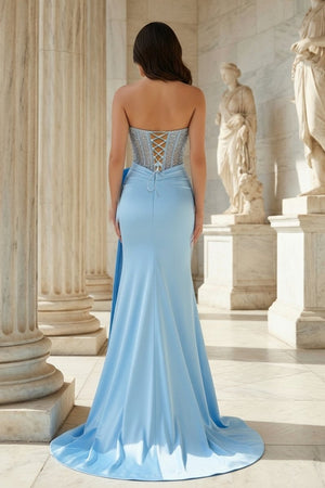 Split Strapless Mermaid Corset Prom Dresses with Side Bowknot - KissProm