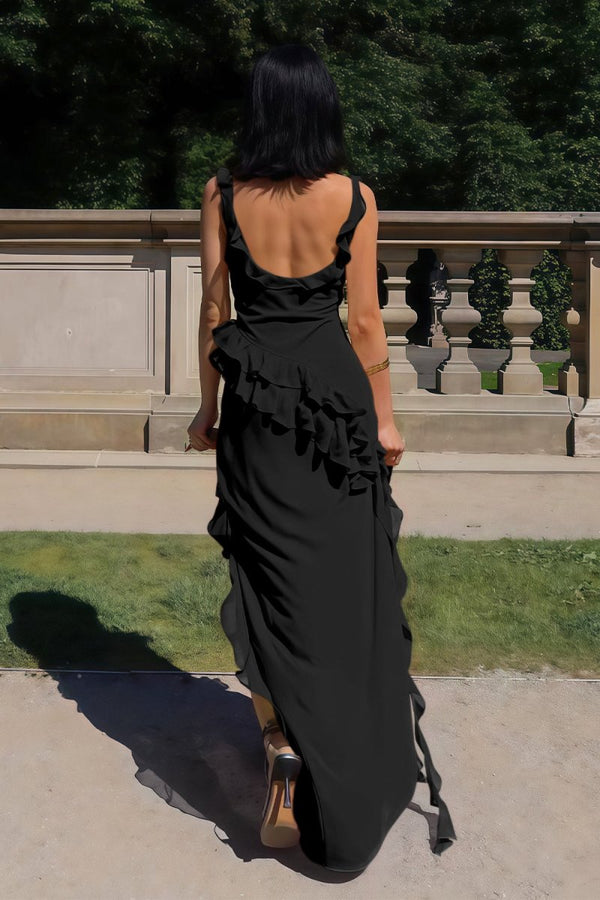 Hopkins | Black - Square Neck Sheath Satin Ruffled Prom Dresses With Slit -KissProm