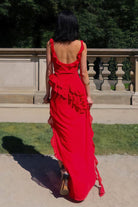 Hopkins | Red - Square Neck Sheath Satin Ruffled Prom Dresses With Slit - KissProm