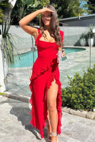 Hopkins | Red - Square Neck Sheath Satin Ruffled Prom Dresses With Slit - KissProm