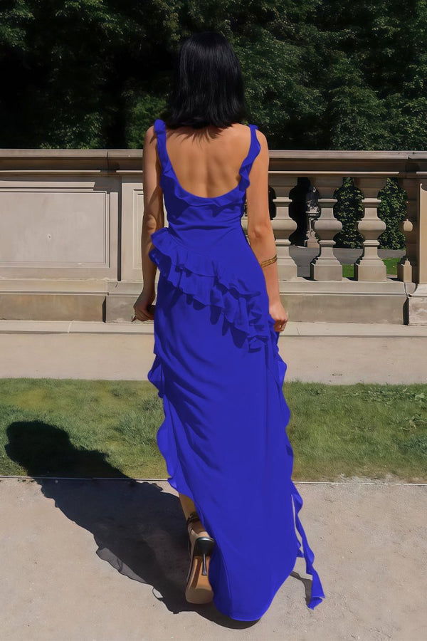 Hopkins | Royal Blue - Square Neck Sheath Satin Ruffled Prom Dresses With Slit -KissProm