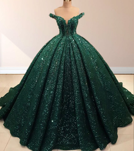 Dark Green Off the Shoulder Ball Gown Sequined Quinceanera Dress
