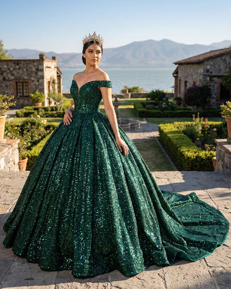 dark green dress sparkle KissProm Off The Shoulder Ball Gown Sequined Quinceanera Dress, Dark Green / 6 or any other occasions COLOR:BLACK Mermaid prom base_dress What to Wear to