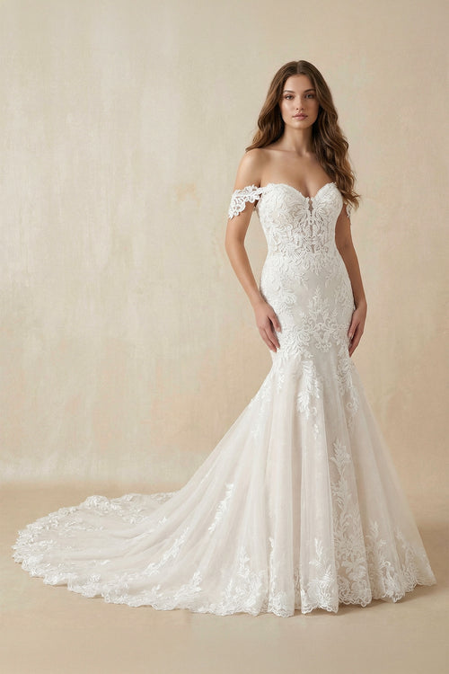 Hot Sale Lace Appliques Mermaid Off the Shoulder Beach Boho Wedding Dresses- Wedding Dresses by KissProm | Available at KissProm