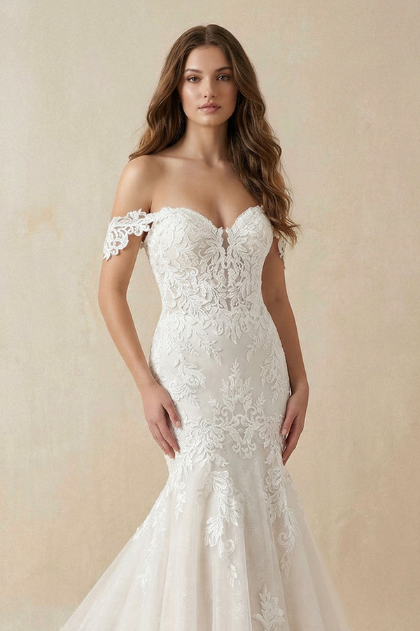 Hot Sale Lace Appliques Mermaid Off the Shoulder Beach Boho Wedding Dresses- Wedding Dresses by KissProm | Available at KissProm