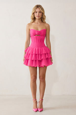Hot Pink 3D-Flower Sweetheart Cut-Out Ruffled A-Line Satin Homecoming Dress | KISSPROM