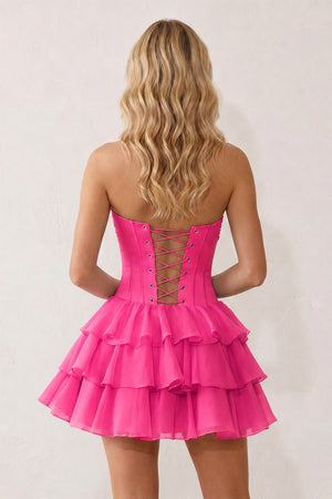 Hot Pink 3D-Flower Sweetheart Cut-Out Ruffled A-Line Satin Homecoming Dress | KISSPROM