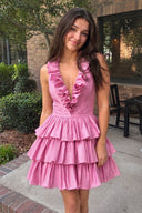 Hot Pink A-Line Deep Halter Satin Short Homecoming Dress with Ruffles | KISSPROM