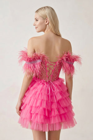 Hot Pink A Line Off the Shoulder Beaded Homecoming Dress with Feathers | KISSPROM