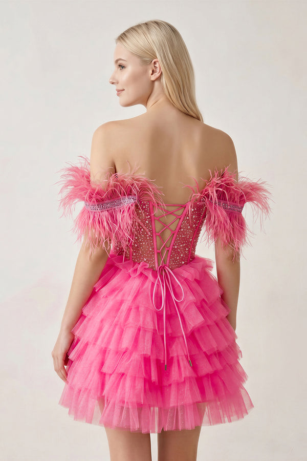 Hot Pink A Line Off the Shoulder Beaded Homecoming Dress with Feathers | KISSPROM